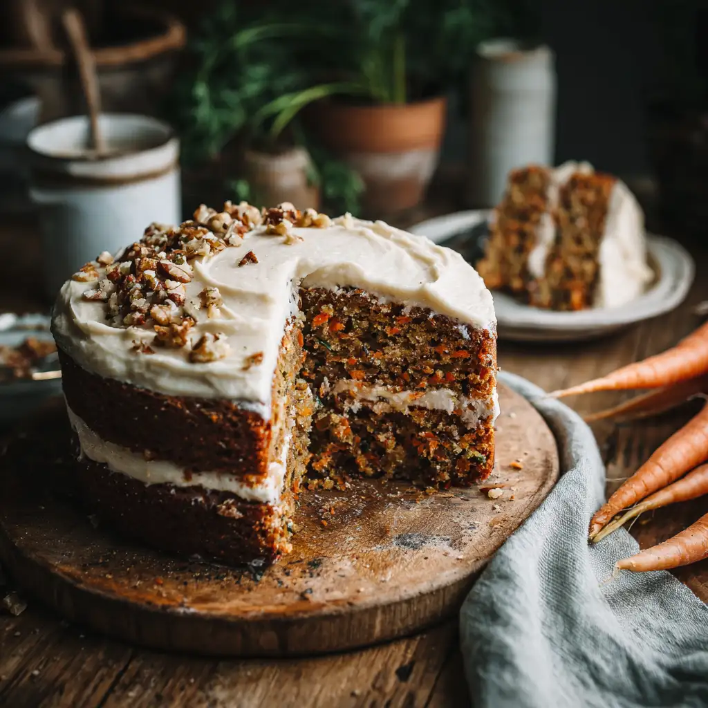 Vegan carrot cake with cashew frosting on wooden table