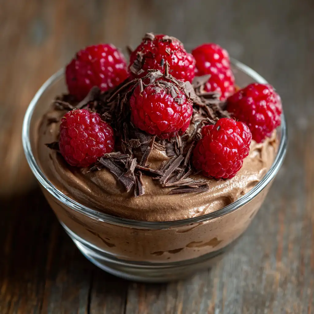 vegan chocolate mousse in glass bowl with toppings