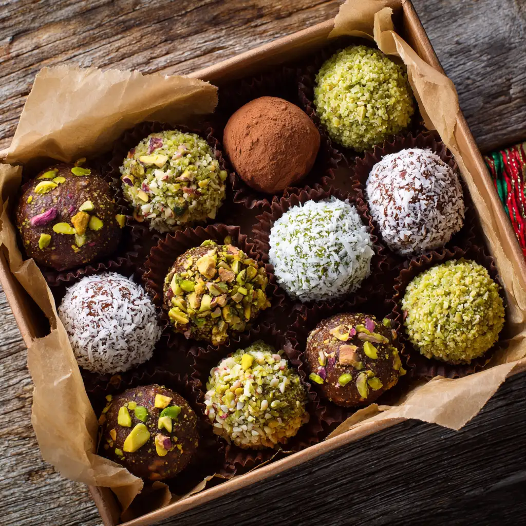Vegan truffles in holiday box